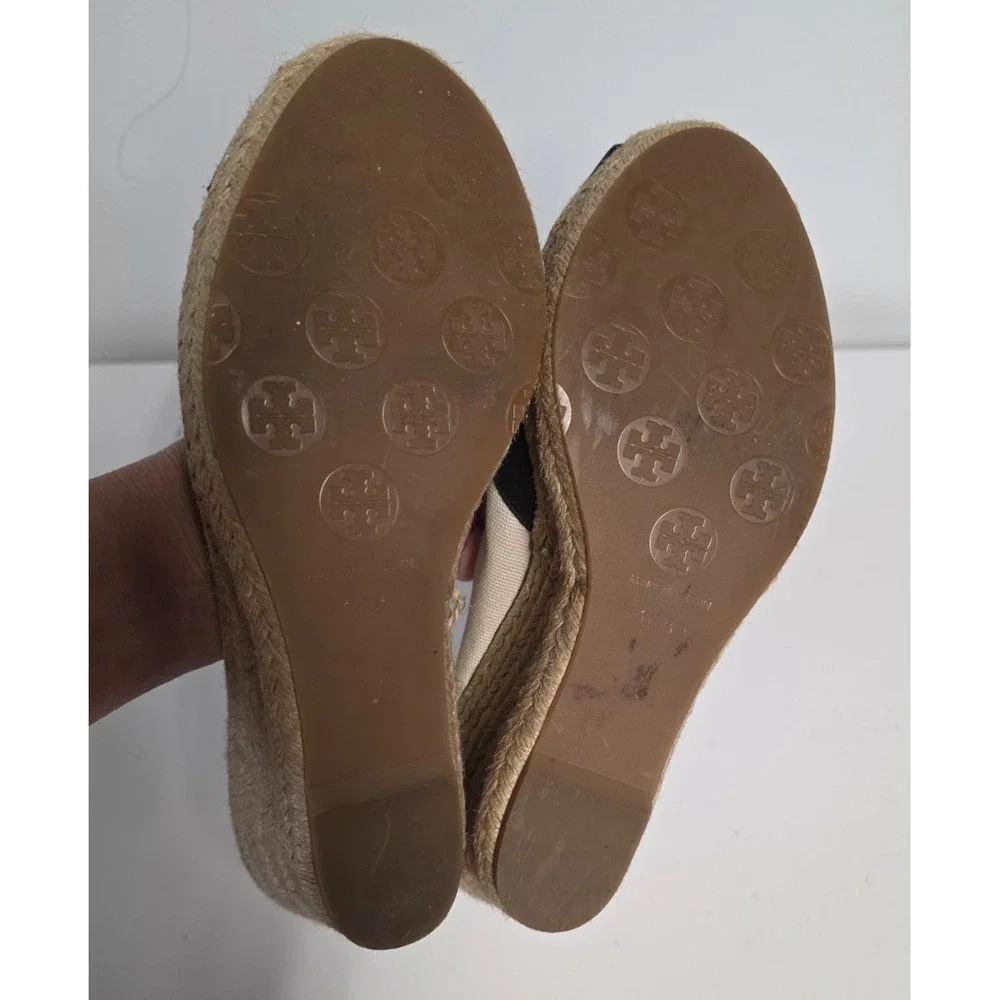 Tory Burch Womens 10 Espadrille Wedge Sandals Canvas Peep Toe Black Logo